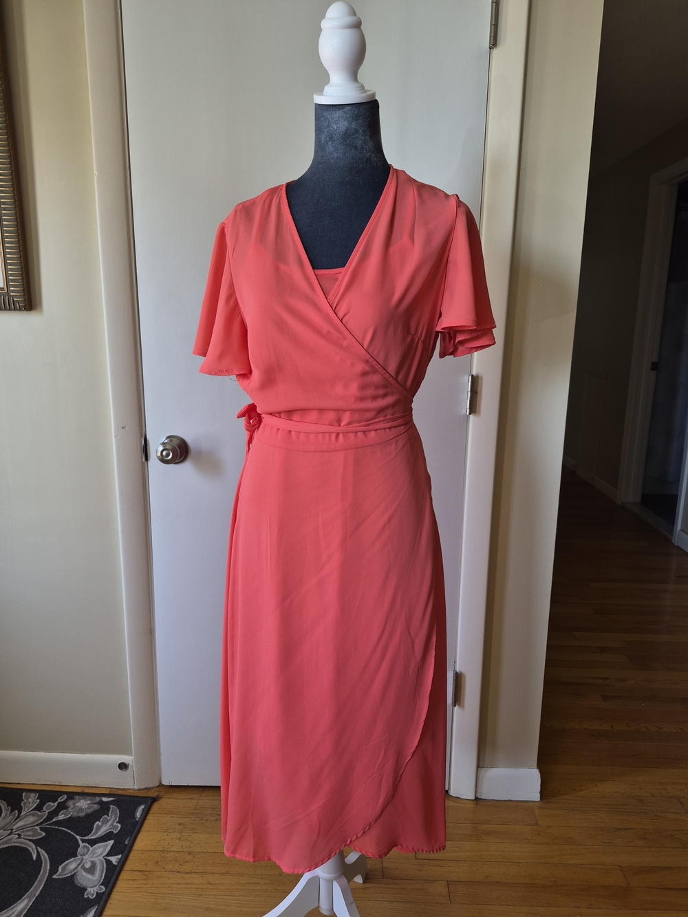 Time And True Coral Faux-Wrap Midi Dress with Flutter Sleeves